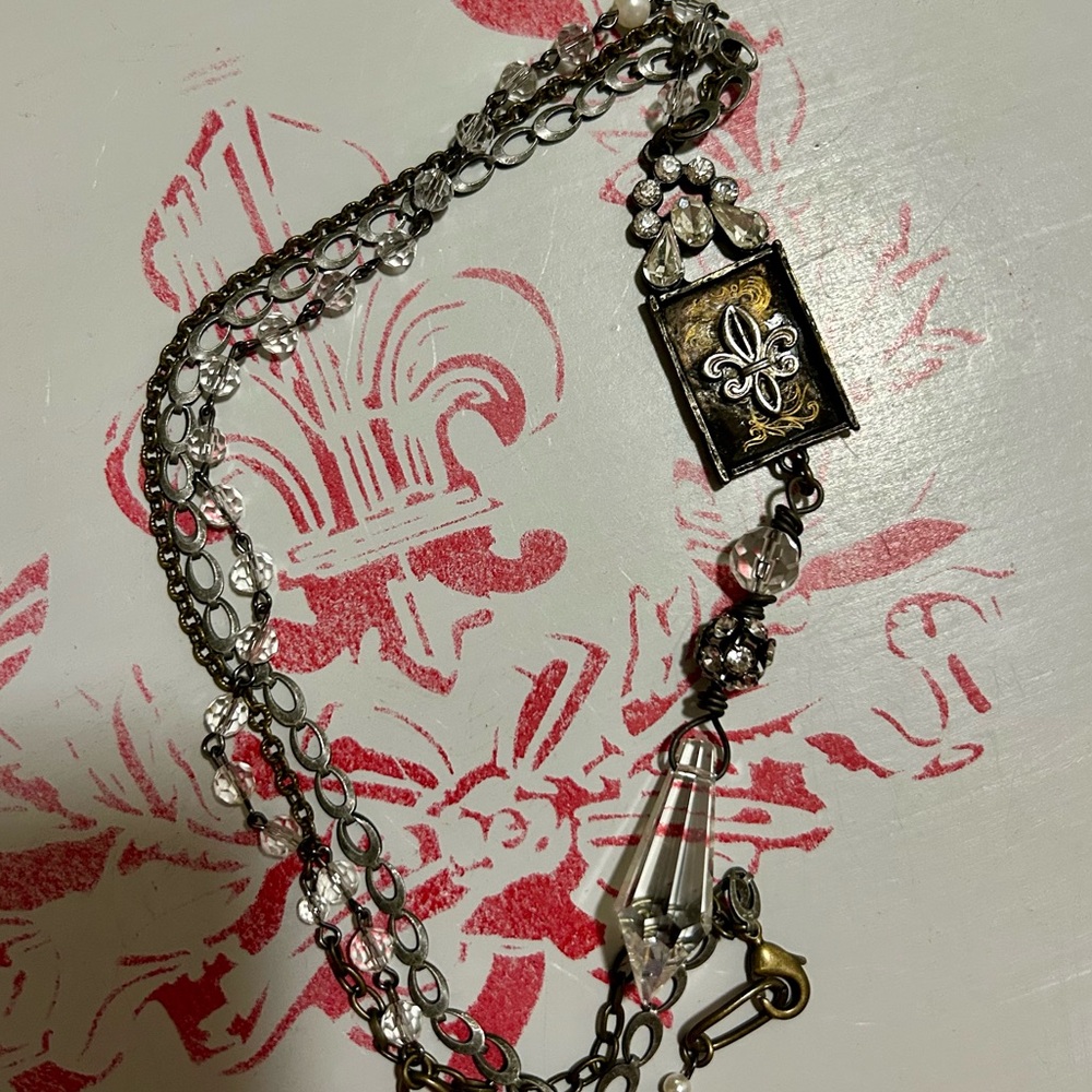 Multi-strand assemblage necklace chandelier crystal Fleur de lis
